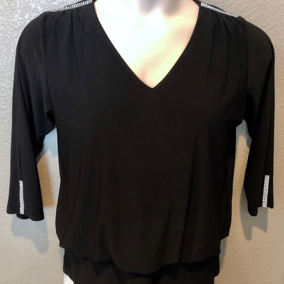 Women's cb Established Black Rhinestone V-Neck 3/4 Split Sleeve Jersey Top Sz PM - Picture 4 of 10